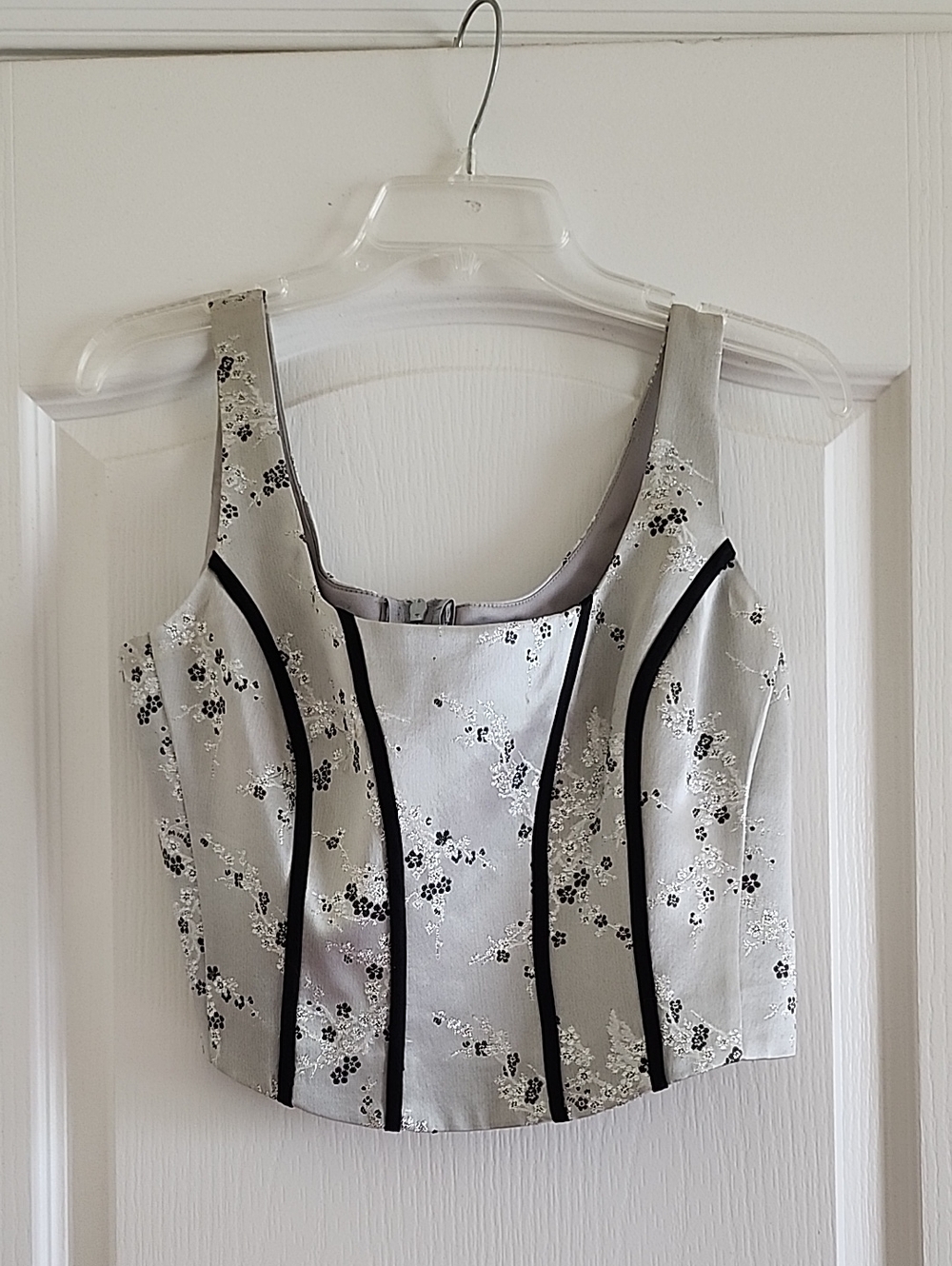 Cache Silver Floral Brocade Corset Top with Black Piping